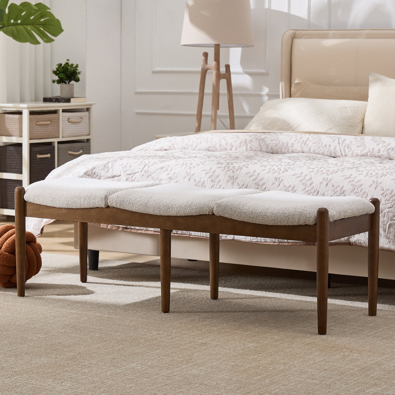 3-Person Upholstered Bench With Solid Wood Frame, Framhouse Bench For Bedroom/End Of Bed/Entryway, Boucle, Beige/Walnut