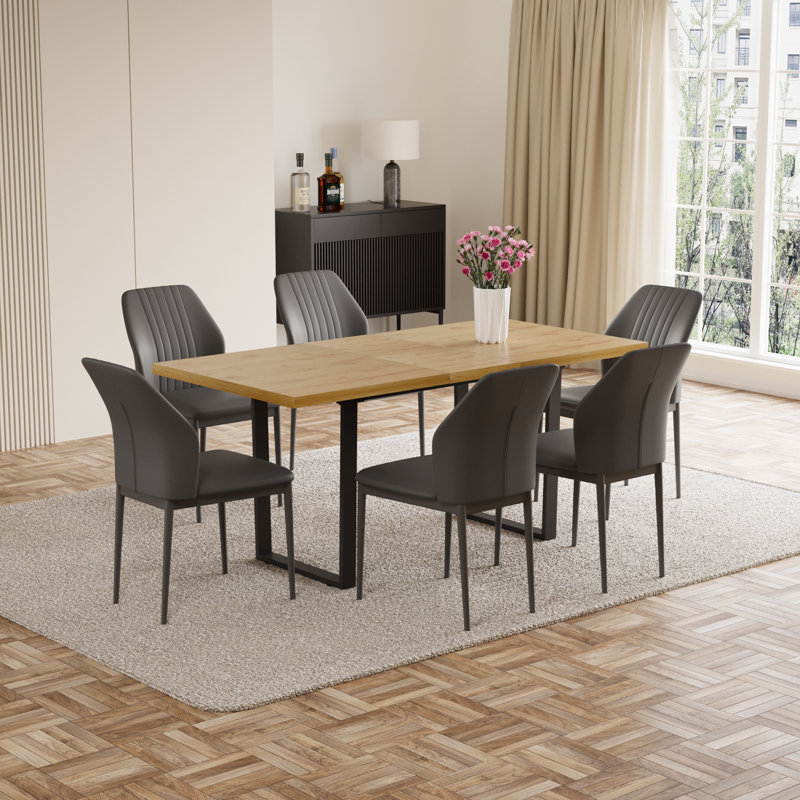 66.9" Butterfly Leaf Pedestal Dining Table Set, Extendable Kitchen Home Table With 6 Dining Chairs, Black