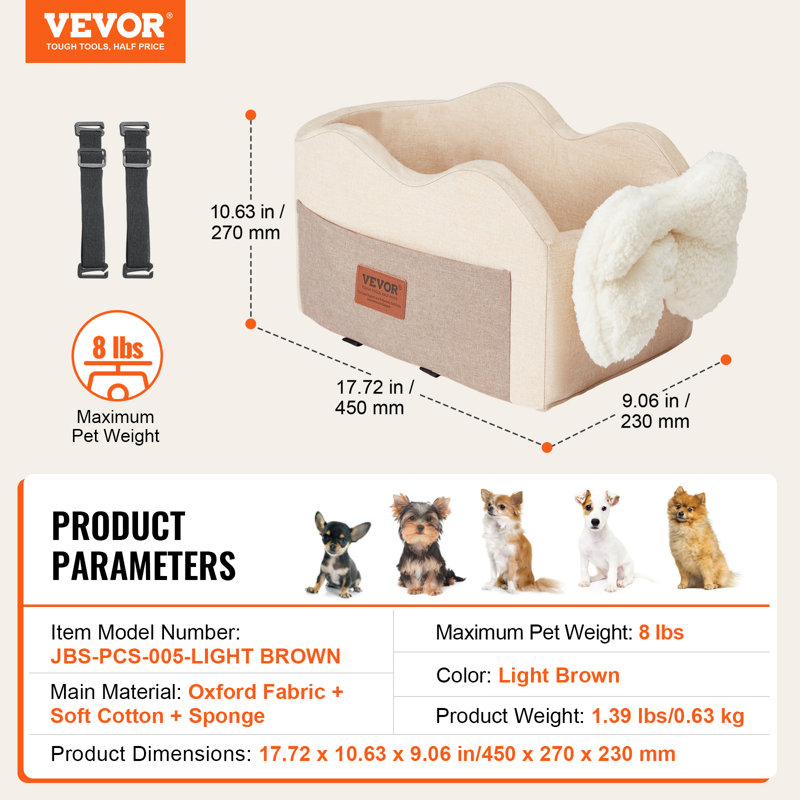 Siège d'auto pour chien avec console centrale pour petit chien 8 lb, Beige