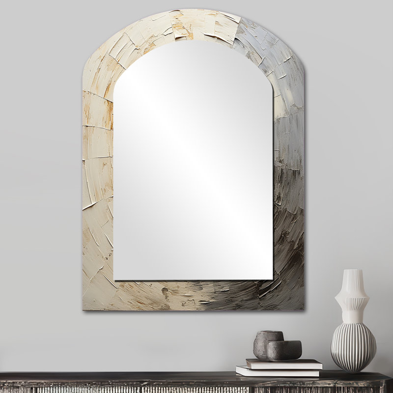 Mouvement méditatif gris et beige - grand miroir mural arqué sur métal, 34 po x 25 po