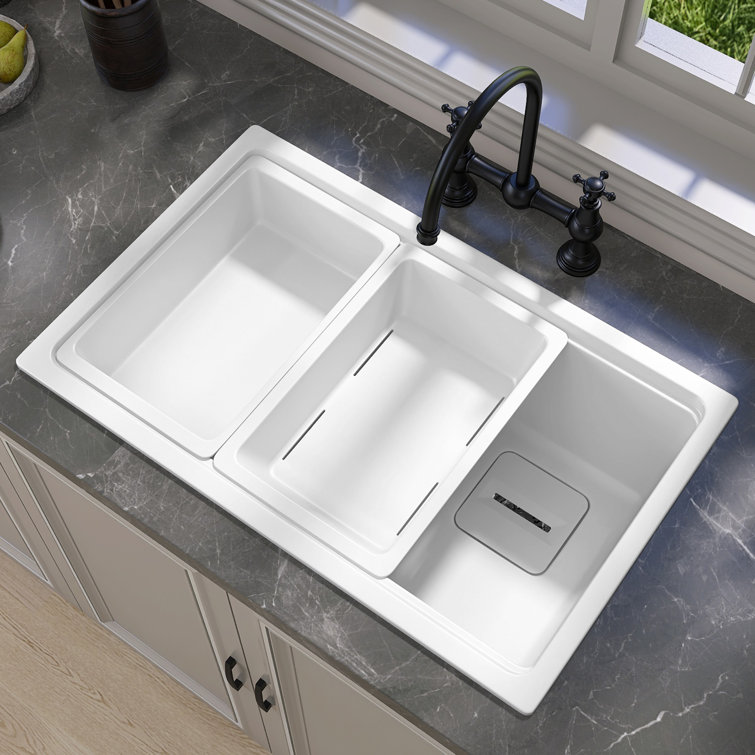 30" X 19" White Undermount Kitchen Sink Workstation Rectangular Topmount Sink Granite Composite Dual Mount Single Bowl Basin Farmhouse Deep Sink with Prep Sink Colander&Accessories