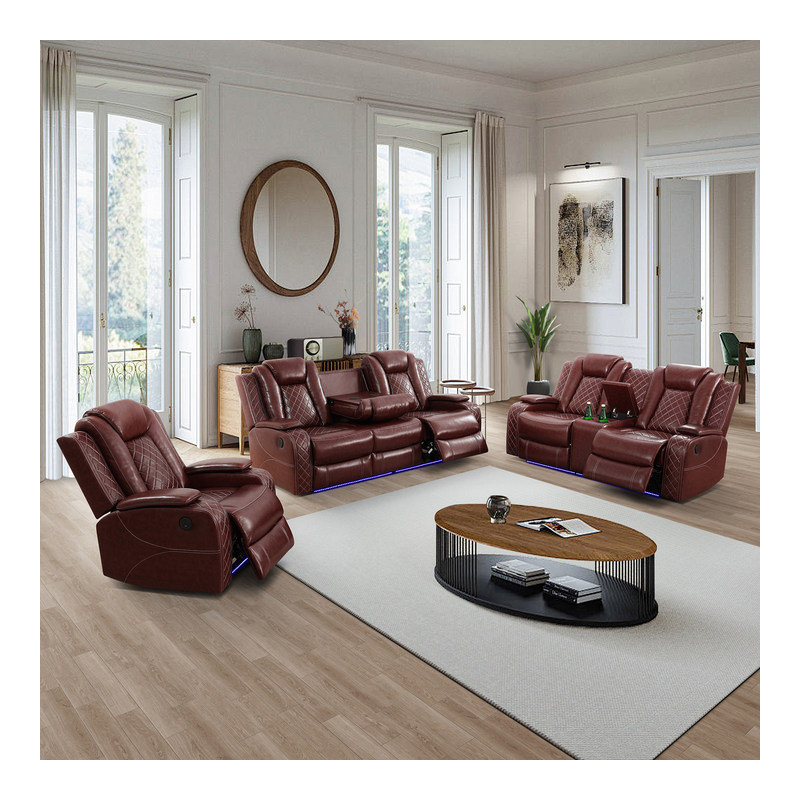 Overstuffed 3-Piece Power Home theater Recliner Set — Single, Loveseat & Three-Seat Sofa, Brown