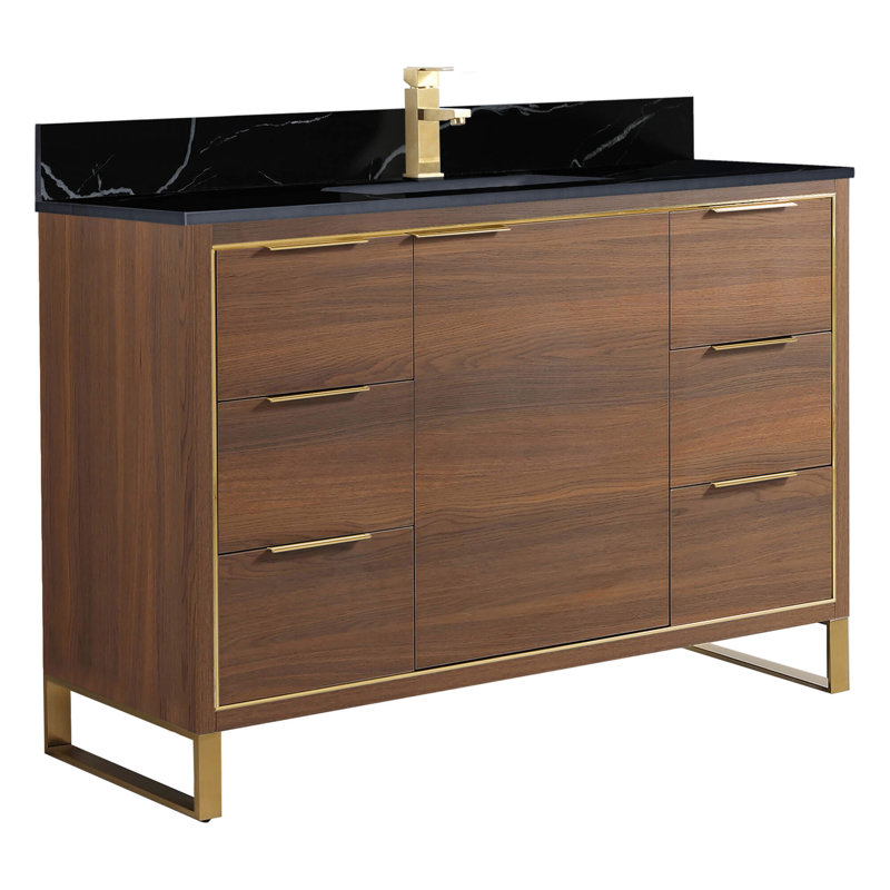 Meuble-lavabo sur pied simple avec plateau en pierre 48 po Gerzon, Noyer ébène, Laiton satiné