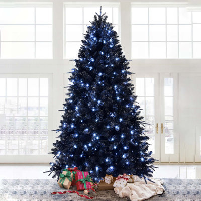 Arbre de Noël noir pré-éclairé avec 750 DEL blanches, 3176 pointes, PE + PVC, structure à charnières, support en métal pour les Fêtes