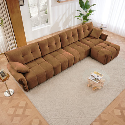 Canapé modulaire à 4 places avec repose-pieds, configurable, structure en bois massif en chenille de qualité supérieure, coussins à haute résilience, idéal pour les salons, les bureaux à domicile, les salons, en orange brûlé