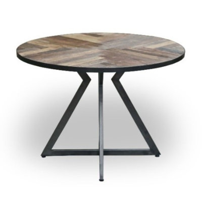 Teak Round Solid Wood Top Metal Base Dining Table