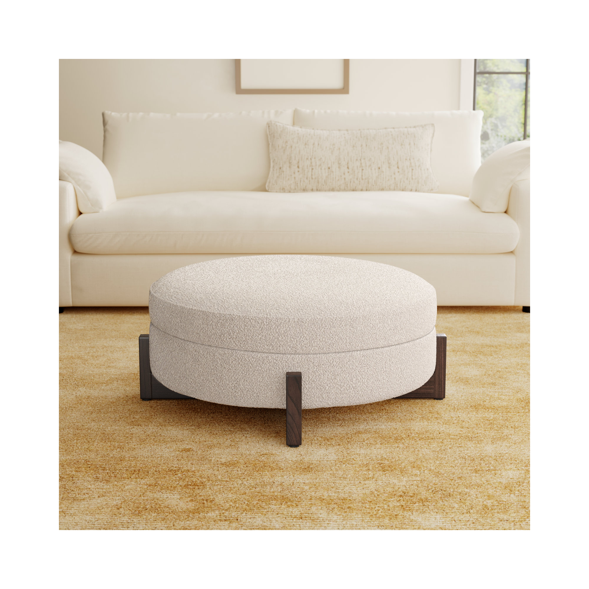 Regan 39" Wide Round Storage Ottoman, Saddle Fog Boucle, Dark Brown