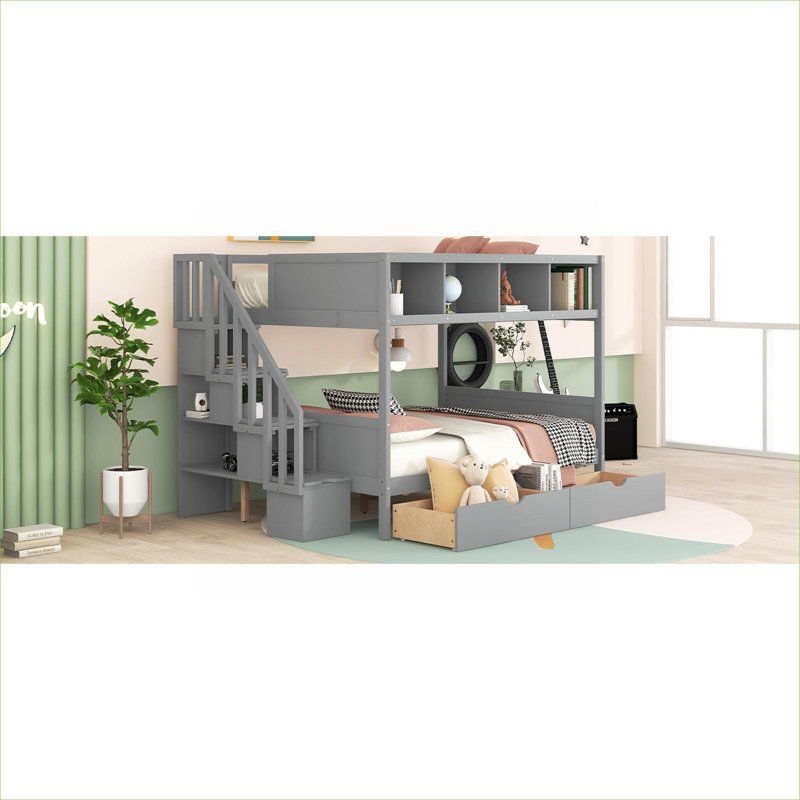 Structure de lit simple superposé au dessus d'un lit double en bois massif gris neutre avec rangement intégré pour les chambres partagées