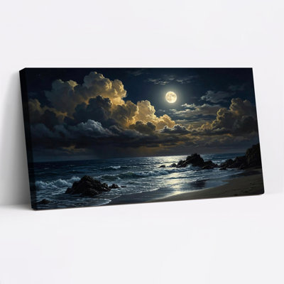 Moonlit Ocean Coast Canvas Wrapped Wall Art Oil Painting Print Set Of 1