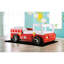 Lit de voiture de course simple en rouge avec finition ultrabrillante et panneau de particules, ensemble de lattes à structure métallique, style moderne pour chambre à coucher, 84,5 po de longueur, 48,29 de largeur, 35,5 po de hauteur, 120 lb de conception, fabrication de planche,