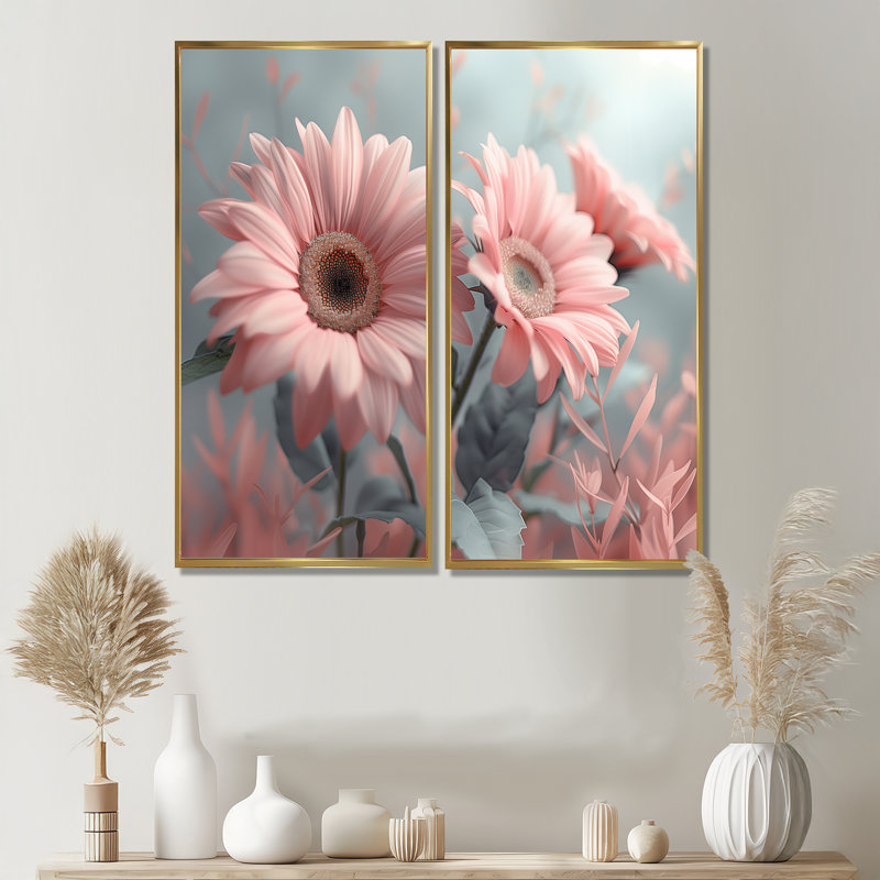 Rose et marguerites de beauté botaniques grises II - décoration murale rose 2 pièces, 20" H x 24" W, Gold