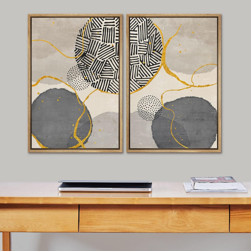 Mid-Century, anneau nordique, cercle, collage, formes abstraites, art moderne, décoration murale, bohème, 2 pièces, Naturel