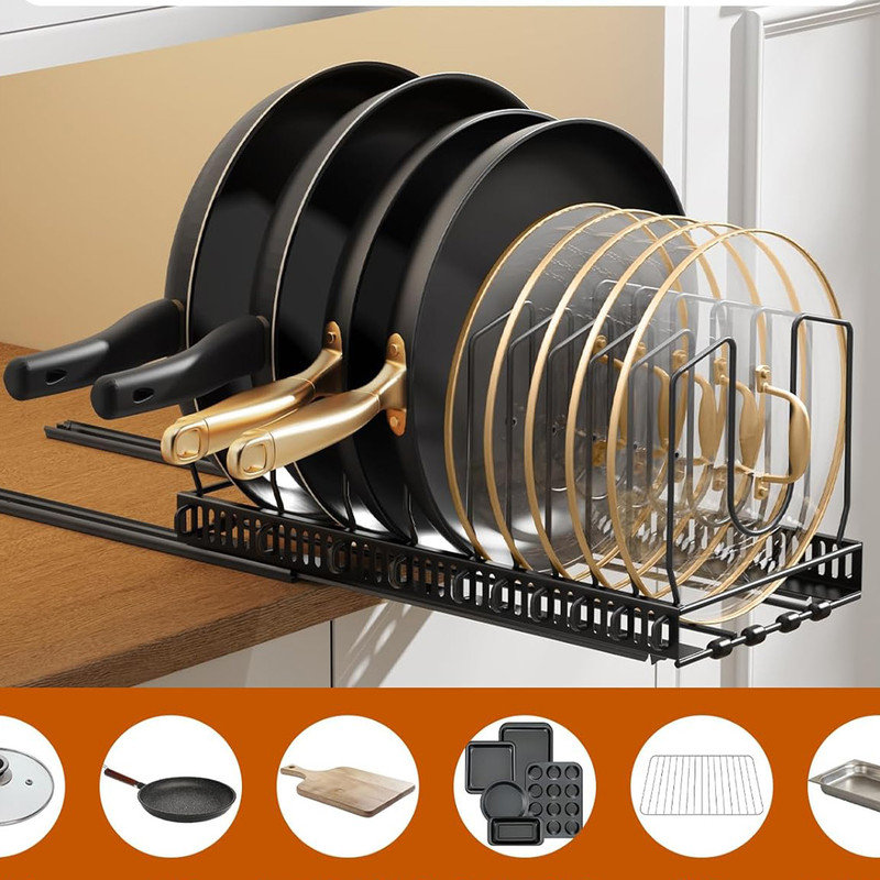 2 Pack Pull Out Pot Lid Organizer for Under Cabinet, Slide Out Pot and Pan Organizer with 10 Adjustable Dividers