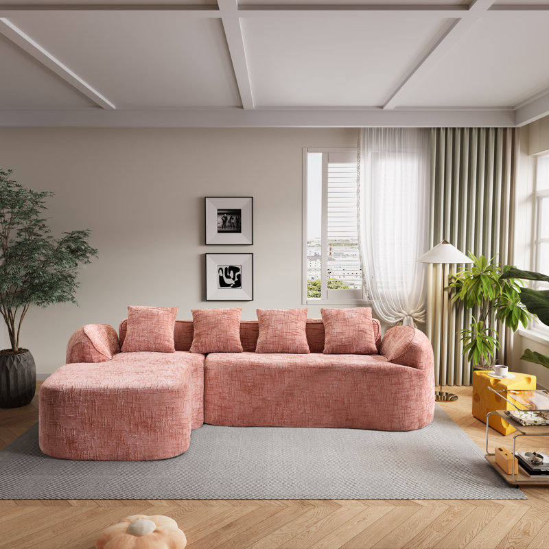 Canapé modulaire en forme de L sans accoudoirs en chenille avec accoudoirs courbés et 4 coussins en chenille, Chenille rose