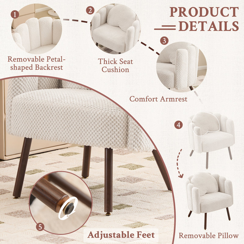 24" Wide Cute Petal Vanity Chair with Detachable Back and Heart-shaped Pillow, Upholstered Accent Chair for Bedroom, Beige