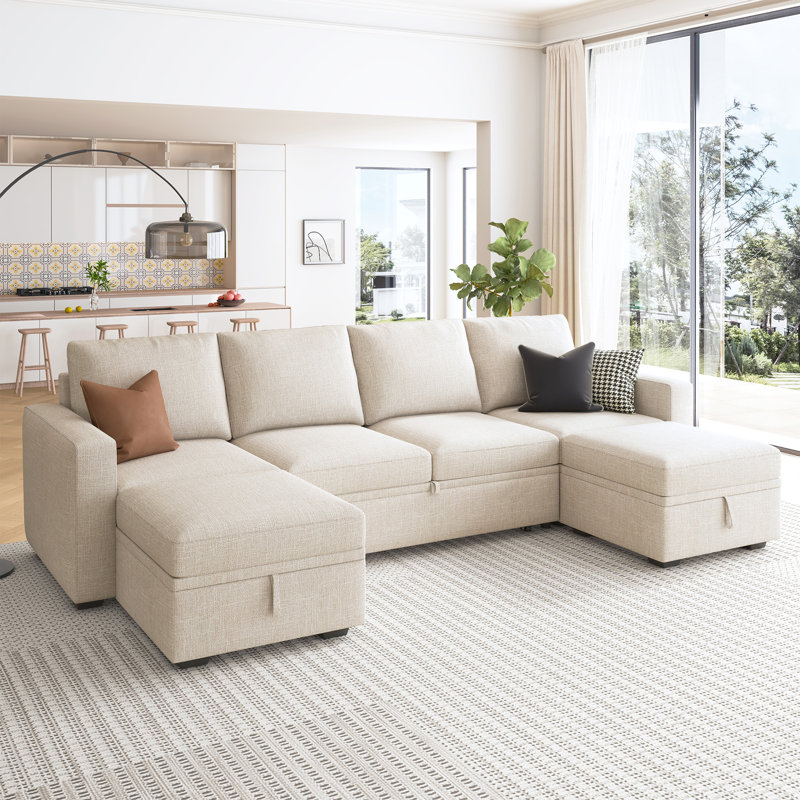 Niyona U Shaped Sleeper Pull Out Couch Storage Sectional Sofa, Beige Polyester