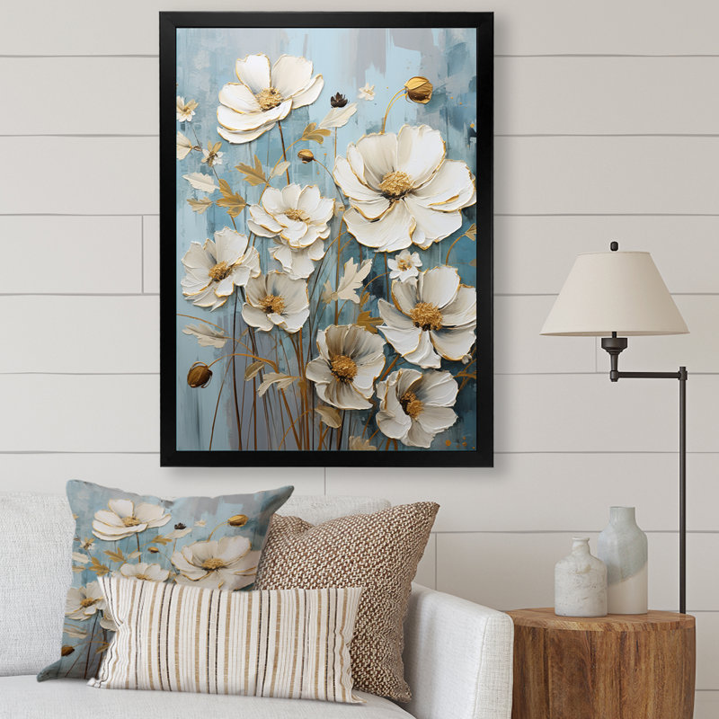 Minimalisme Buttercups On Blue II sur impression sur toile, H 20 po x l 12 po x P 1 po, Cadre simple noir