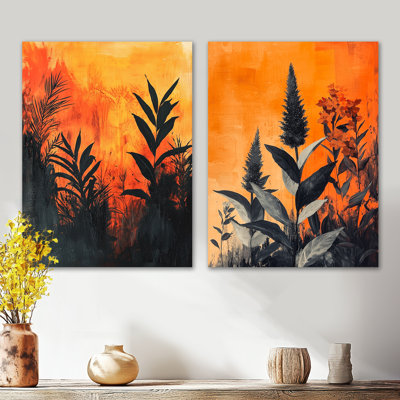 The Fiery Expressionism Tropical Forest I - Nature - grand ensemble de 2 impressions murales en métal