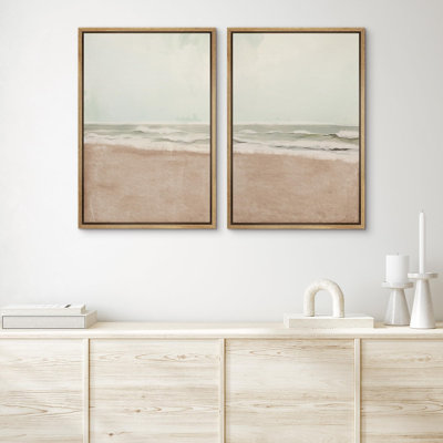 " Coastal Calm Peaceful Shoreline And Oceanic Horizon Modern Art Wall Decor Artwork Minimal " 2 - Pieces