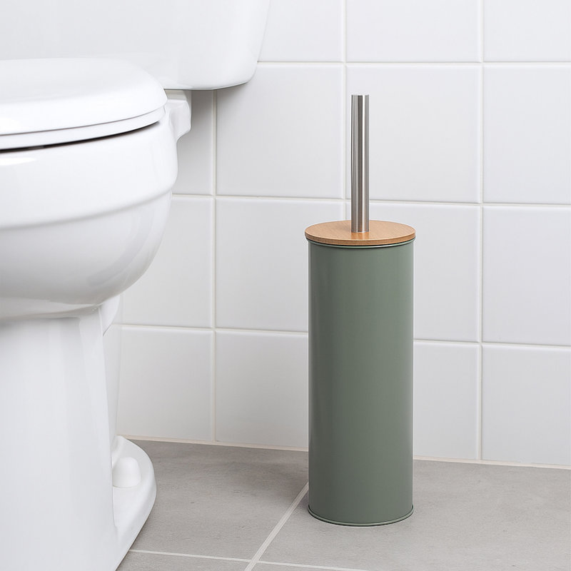 Metal Toilet Brush and Holder Set With Bamboo Lid, Green