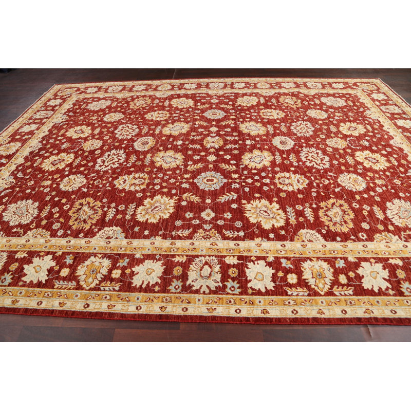 Tapis rouge en laine noué à la main de conception unique 9 pi 1 po x 12 pi 0 po Nidhogg