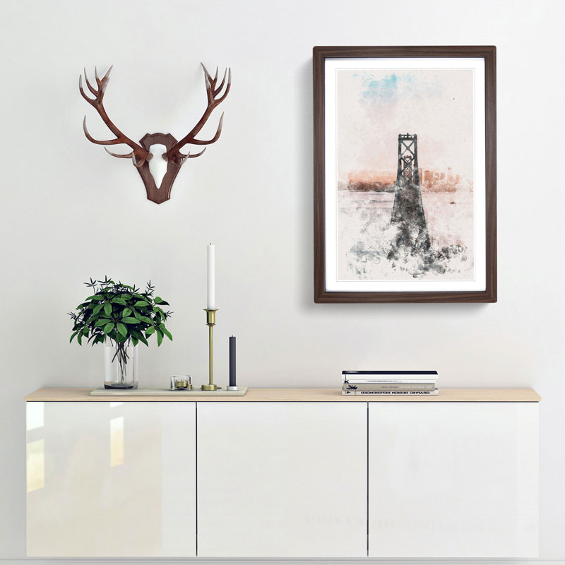 Bridge In San Francisco Watercolour - Picture Frame Graphic Art, 45cm H x 33cm W x 2cm D, Walnut Framed