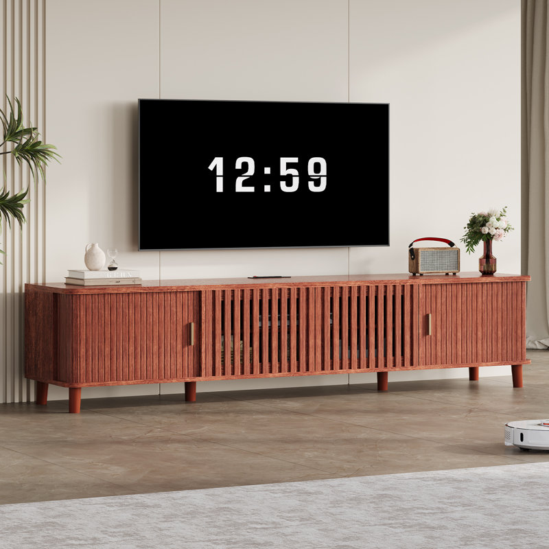 Tv Stand Up To 75 Inches For Living Room, Mid Century Modern Entertainment Center With Power Outlet, Central Storage Shelf And 2 Storage Cabintes, Walnut