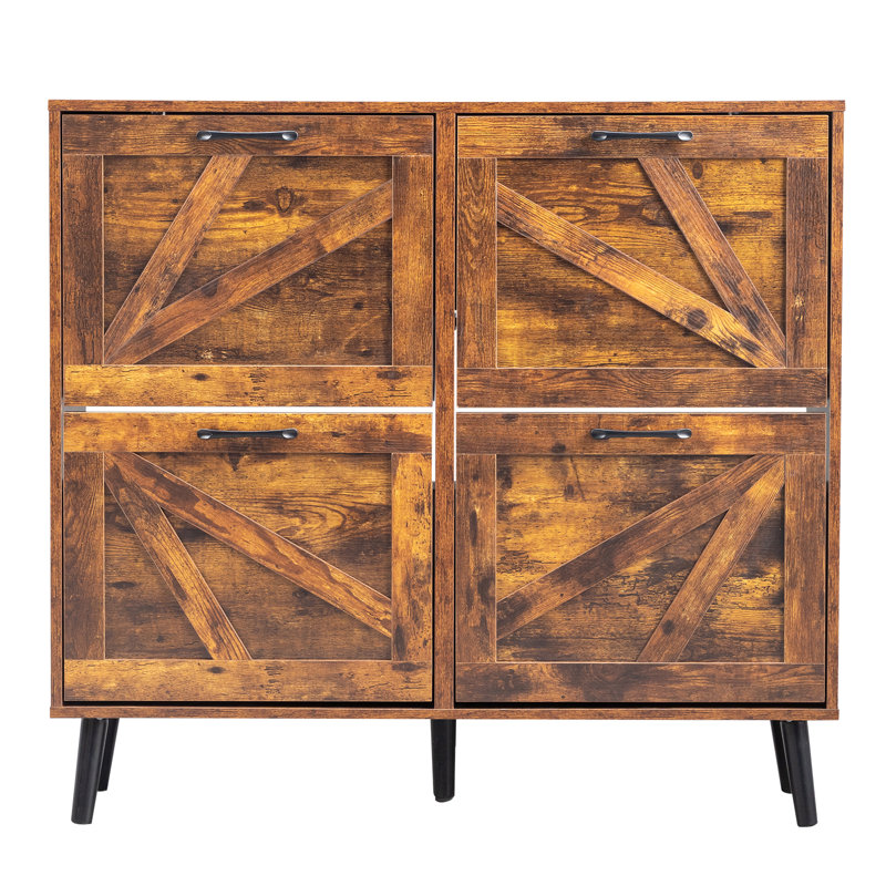 Rustic Weathered Wood Barn Door Shoe Cabinet - Mid-century Tapered Legs & Black Metal Hardware For Modern Rustic Decor