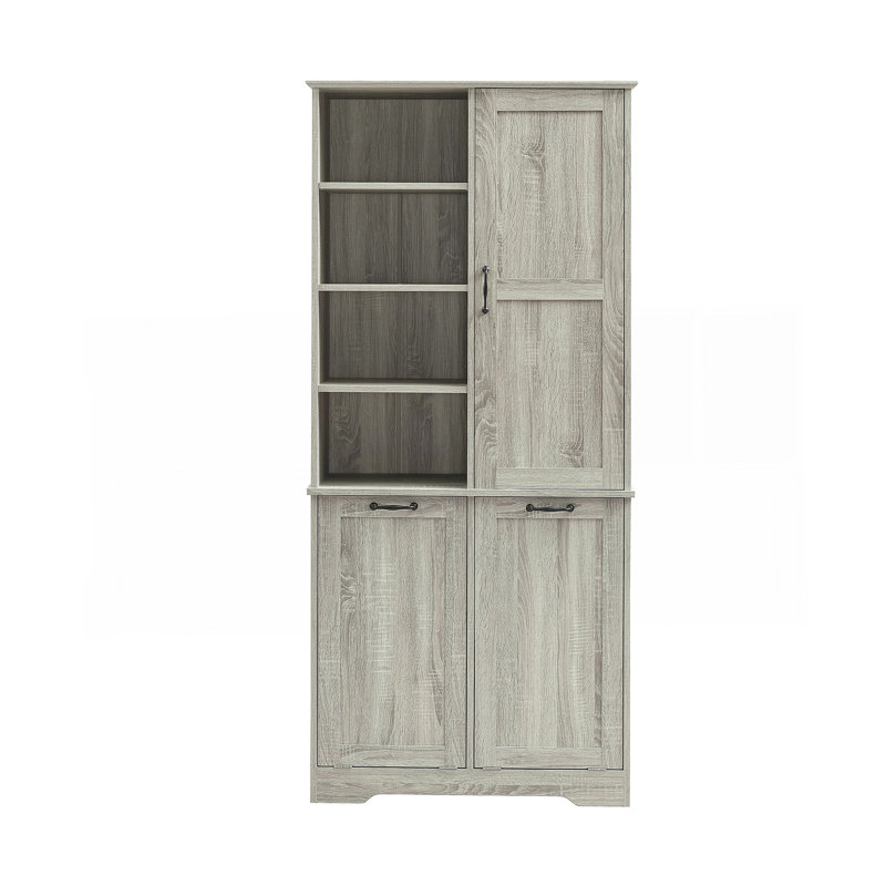 Bathroom Storage Cabinet With Doors And Drawers, Tilt-Out Laundry Hamper, Multiple Storage Space, Freestanding Style, Open Shelve, Adjustable Shelf, Oak