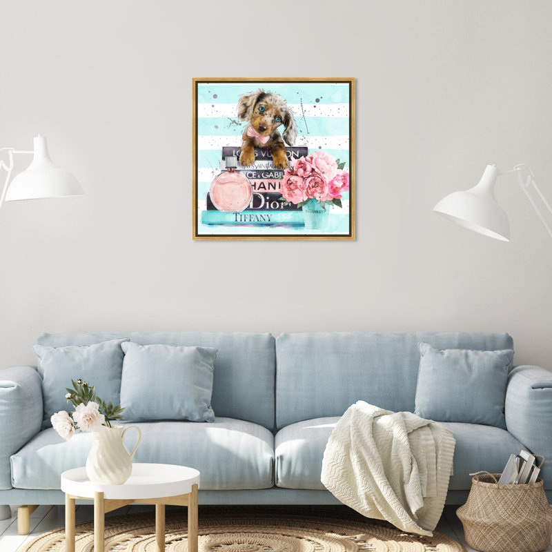 «Doxie Mint Blue», impression sur toile, Cadre flottant doré, H 24 po x l 24 po
