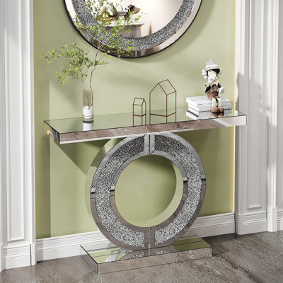 O Shaped Mirror Console Table With Crystal Hallway Entry Home Décor, Handicrafts Mirror Table For Living Room,Mirror Glass Table For Room