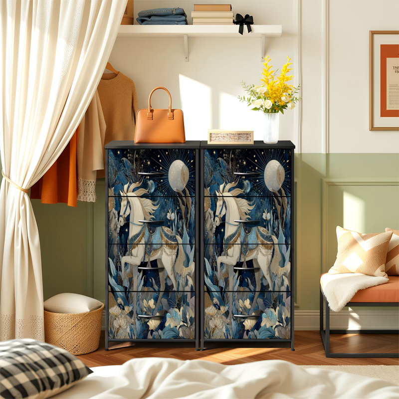 Commode pour la chambre à coucher avec 4 tiroirs de rangement Élégante commode blanche cheval de nuit avec étoiles de lune, étoiles de lune, or et fleurs bleues Commode à tiroirs en tissu avec cadre en acier pour vestibule