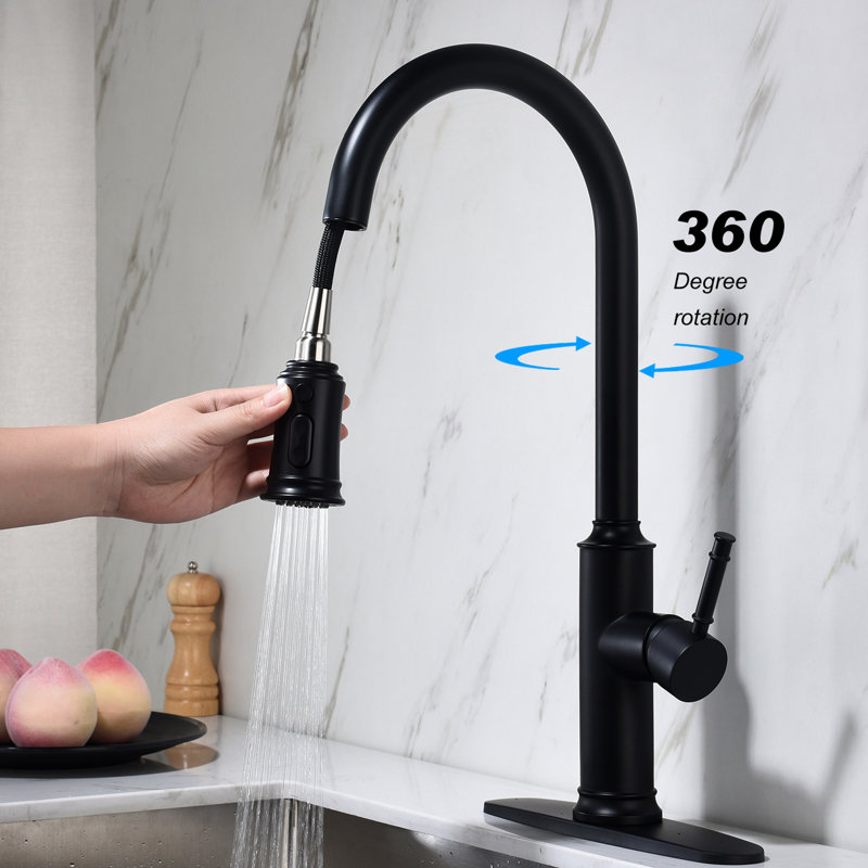 Robinet de cuisine avec douchette escamotable, fabrication en acier inoxydable noir mat, profondeur de 12,2 po, largeur de 25,6 po, hauteur de 2,6 po, poids de 5,8 lb,