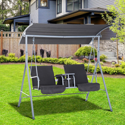 Gray Patio Swing With Canopy And Storage Space 2 Cup Holders, Person Outdoor For Persons, Table Backyard