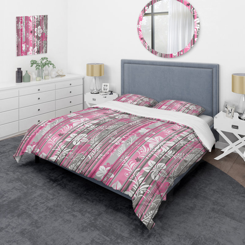 Ensemble de housse de couette à rayures florales roses et grises - Polyester en microfibre