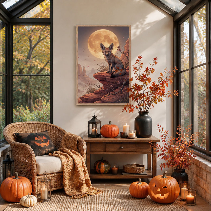 Toile murale d'Halloween représentant un renard assis sur un rebord rocheux rouge sous la pleine lune, 48"H x 32"W