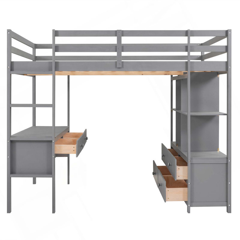 Lit mezzanine avec bureau intégré, tablettes de rangement et tiroirs, Gris