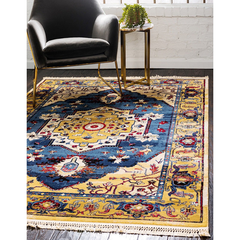 Tapis oriental jaune / bleu Regal, Rectangle 7 pi x 10 pi