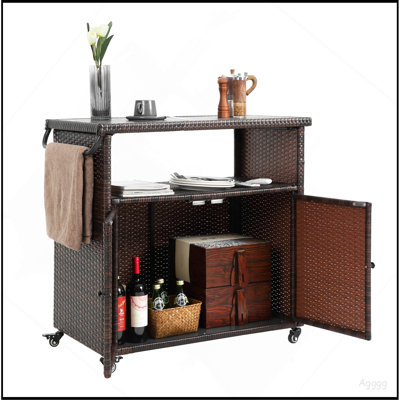 Chariot-bar d'extérieur en osier, chariot de service de vin de patio avec roulettes, comptoir de bar à boissons en rotin avec plateau en bois et bois pour porche, cour, piscine, brun clair