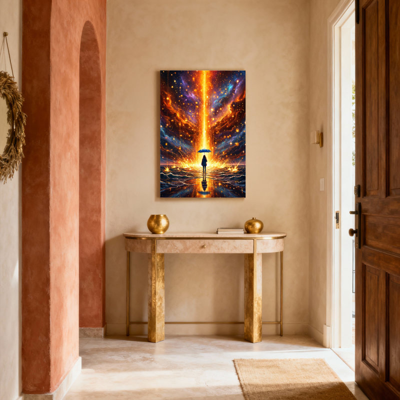 Ensemble de 1 tableau sur toile représentant la silhouette d'un rayon de lumière galactique cosmique avec parapluie.