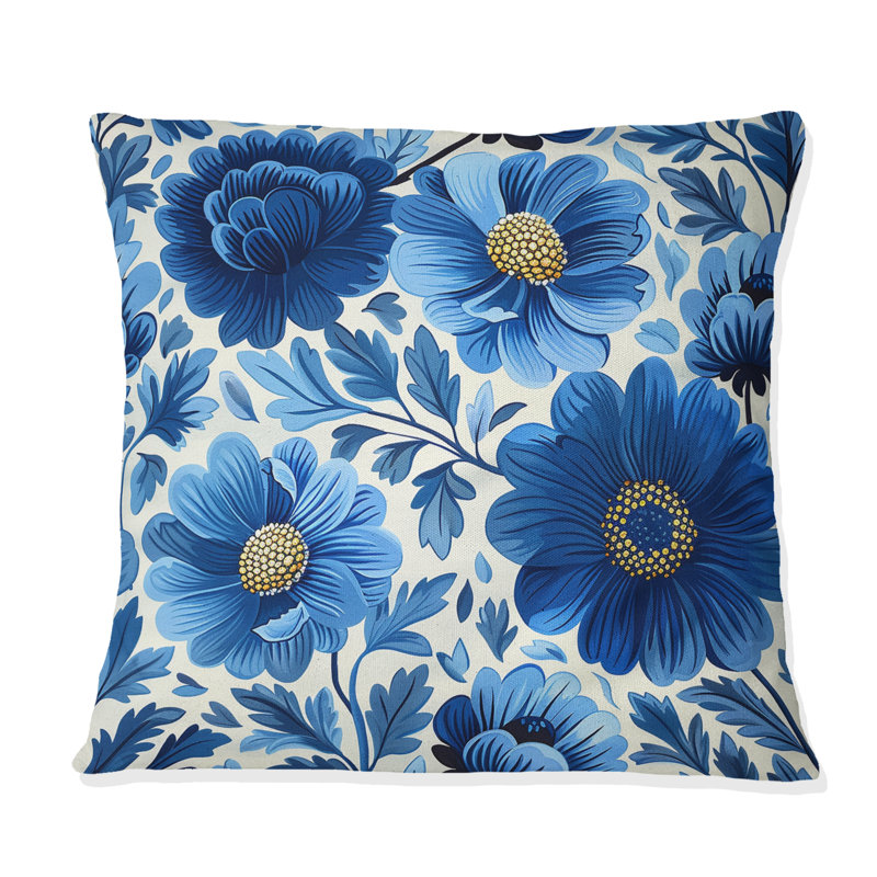 Cobalt Blue Floral Transitional VI - Transitional Throw Pillow, 16"H x 16"W