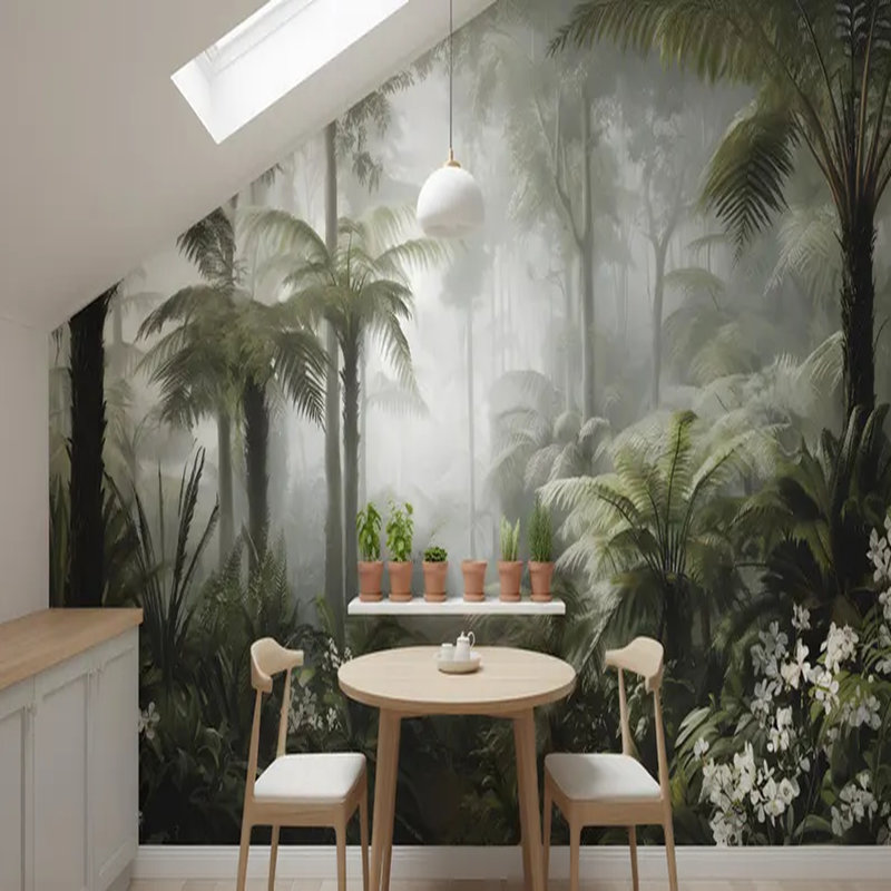 Murale forêt de fougères tropicales brumeuses, L 192 po x l 108 po
