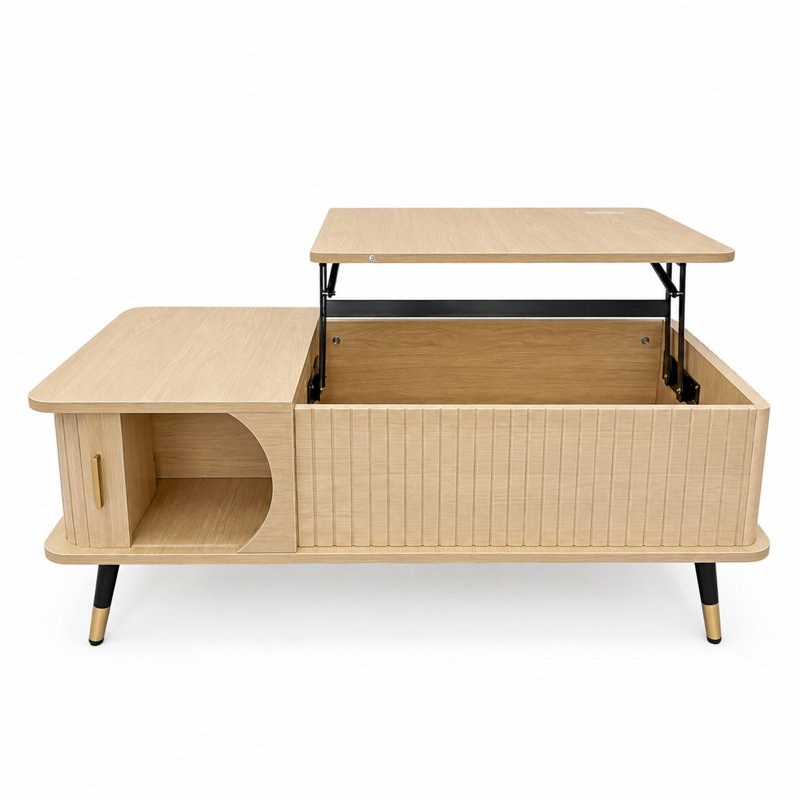 Table basse à plateau relevable en bois avec compartiment caché et grande tablette de rangement, Natural / Black,Gold