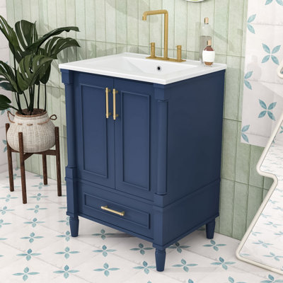 Meuble-lavabo peu encombrant avec lavabo en céramique, pieds en bois massif, charnières à fermeture en douceur et tablette réglable