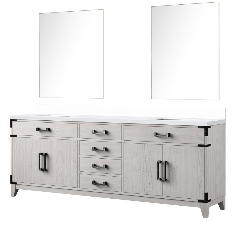 Meuble-lavabo en chêne blanc 84 po X P 22 po avec plateau en marbre de culture et double 36 miroirs - fermeture douce pour une expérience de salle de bain envoûtante