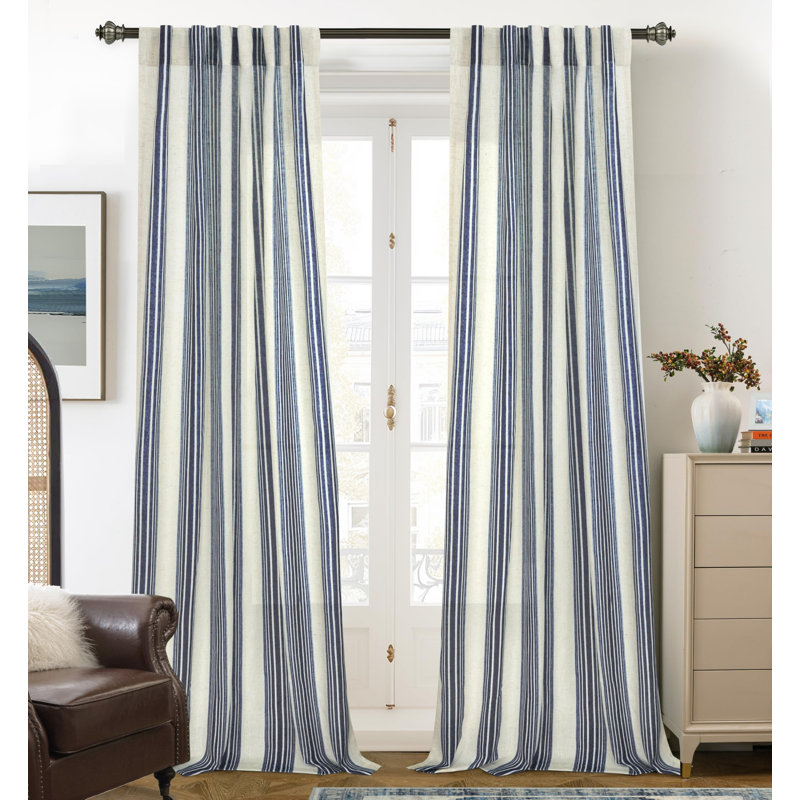 Chris Striped Linen Blend Textured Light Filtering Semi Sheer Rod Pocket Back Tab Curtains, 52" W x 120" L, Navy