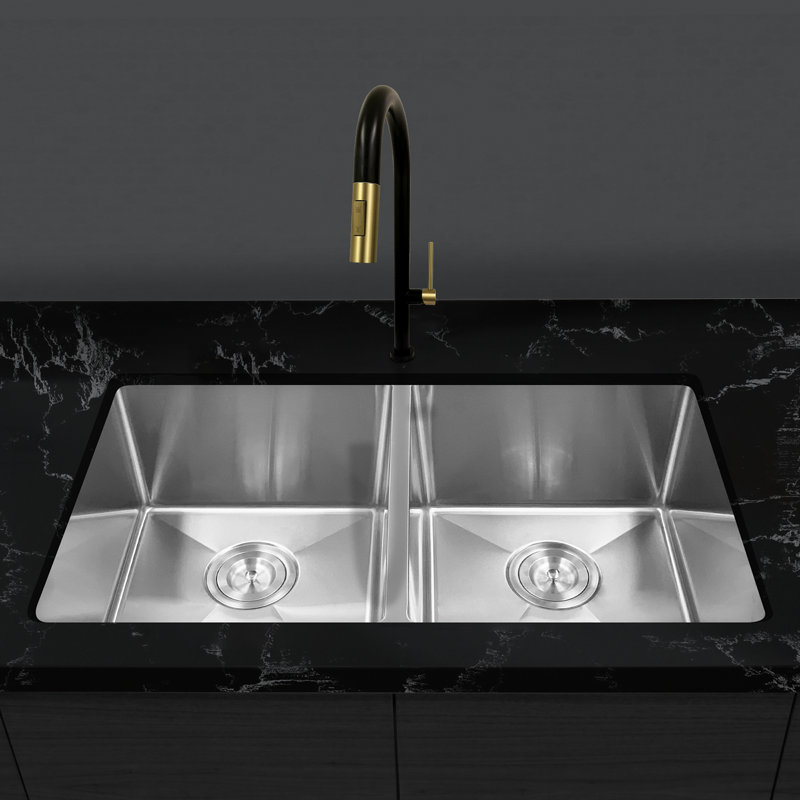 KBFmore Double Bowl Tight Radius Stainless Steel Kitchen Sink Only, 16-Gauge, 9" H x 31" W x 9" D