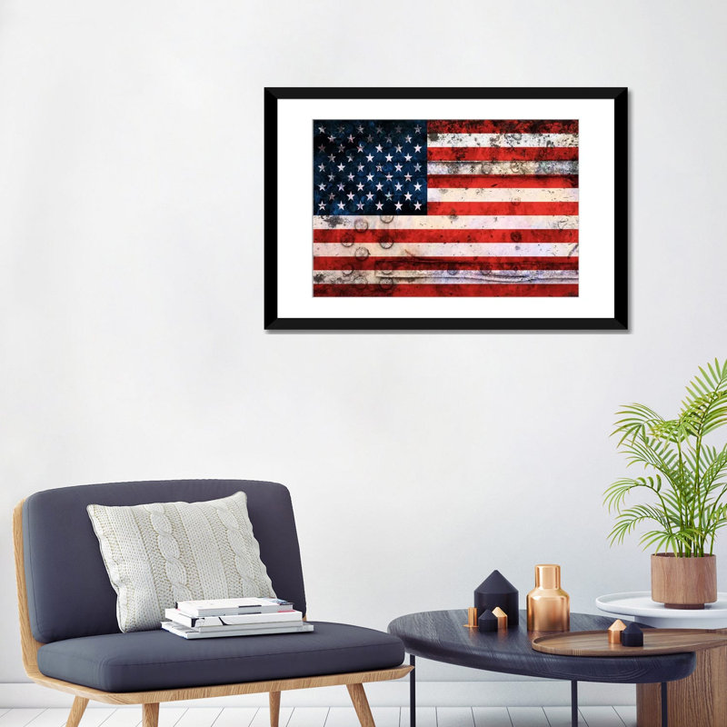 « flags u.s.a. grunge », impression sur toile, Papier d'art encadré noir, Blanc, H 24 po x l 32 po x P 1 po