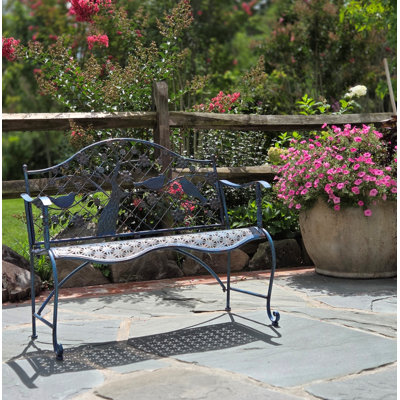 Classic Iron Garden Bench with Blooming Tree & Birds in Cobalt Blue "Nockamixon"