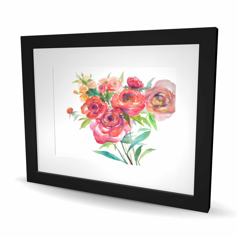Aquarelle, bouquet de fleurs - reproduction botanique encadrée rose
